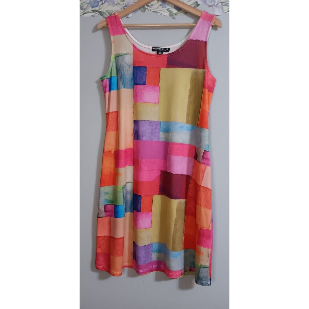 Michael Tyler Medium Colorful Art Stretch Colorblock Sleeveless Unlined Sun Dres